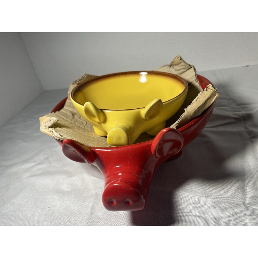 Vintage 1990s Cobble Creek Set Of 2 Pretty Piggy Bowls In Original Box